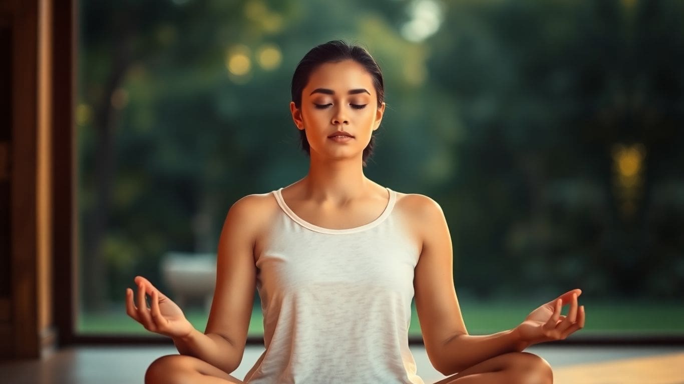 Person meditating peacefully in a calm, natural setting.
