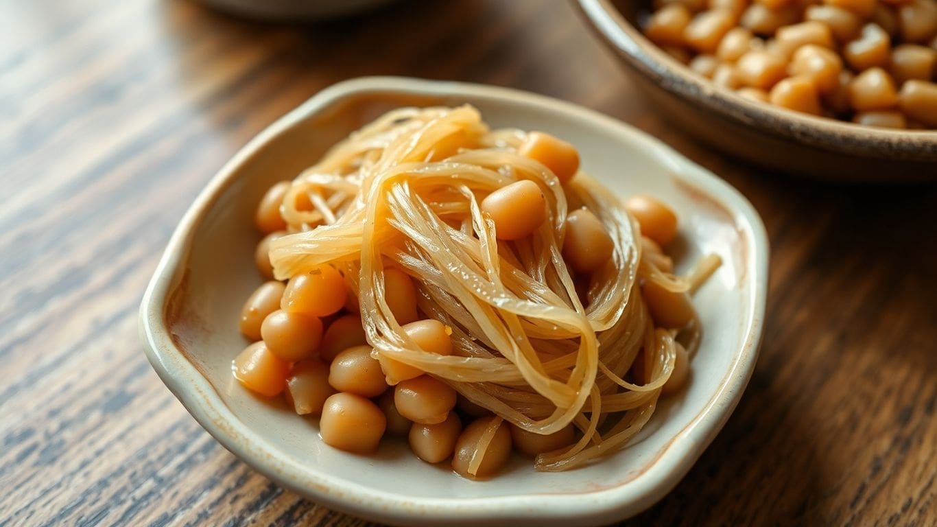 Fermented soybeans with sticky threads on a small dish.