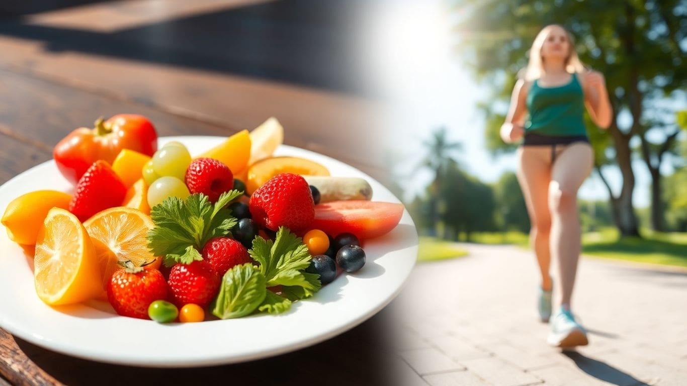 Healthy food and outdoor activity for heart health.