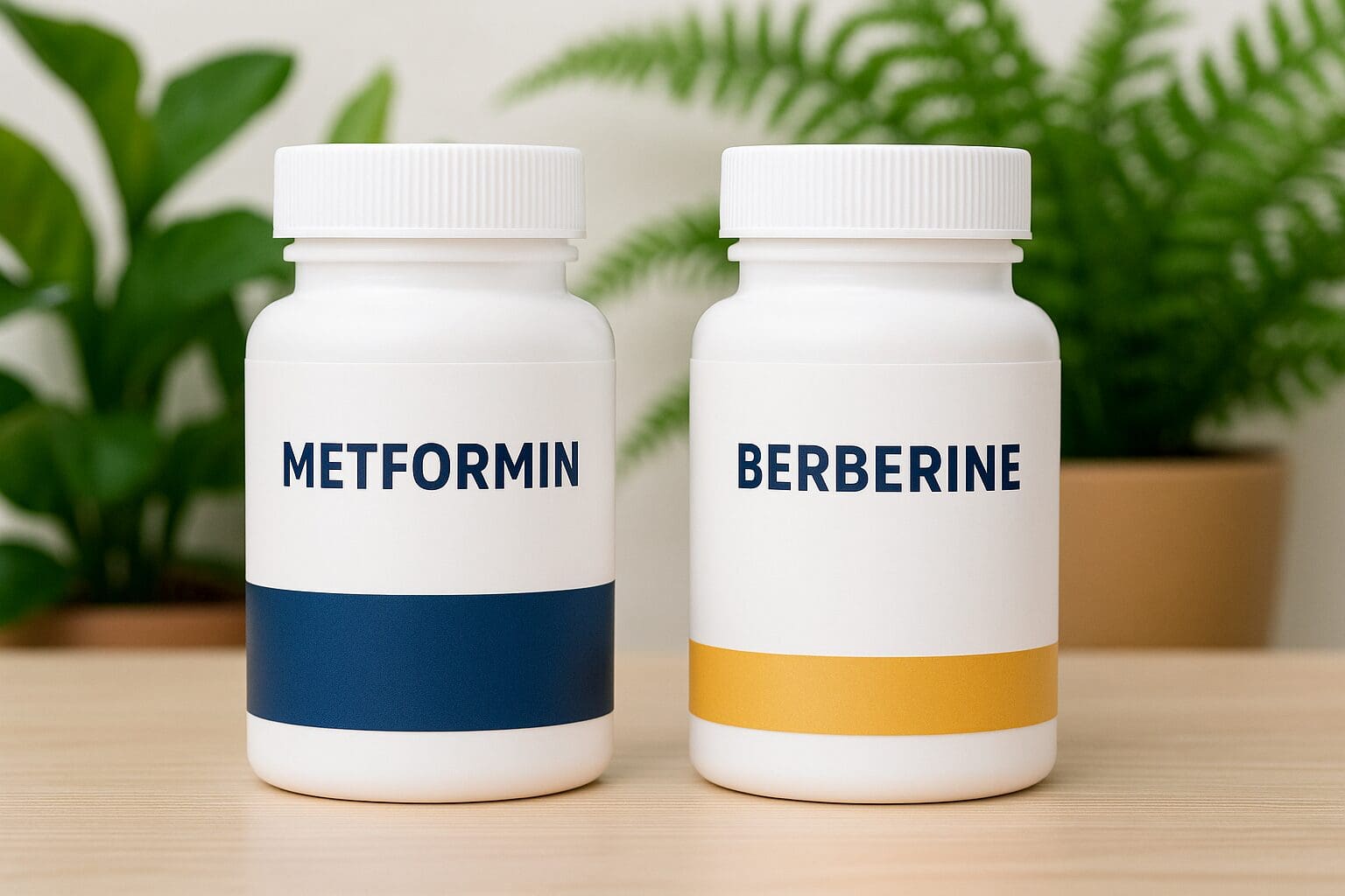 wo supplement bottles labeled Metformin and Berberine on a wooden table with green plants in the background, symbolizing health and wellness