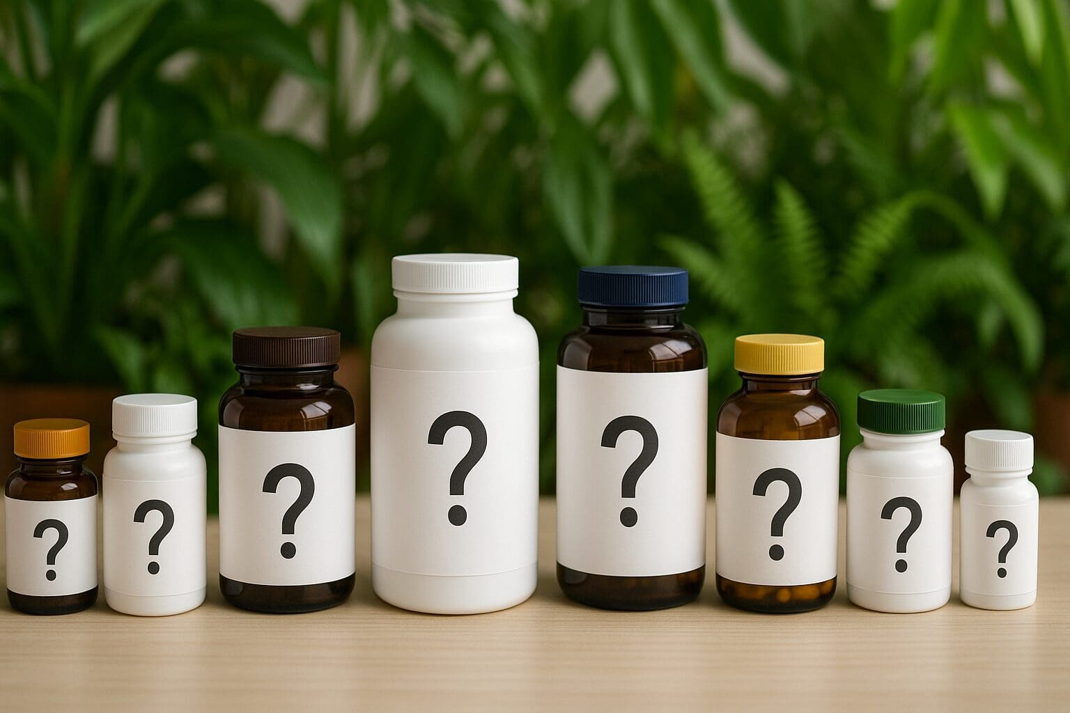 Ten colorful supplement bottles of different sizes with question mark labels on a wooden table surrounded by green plants and blurred background