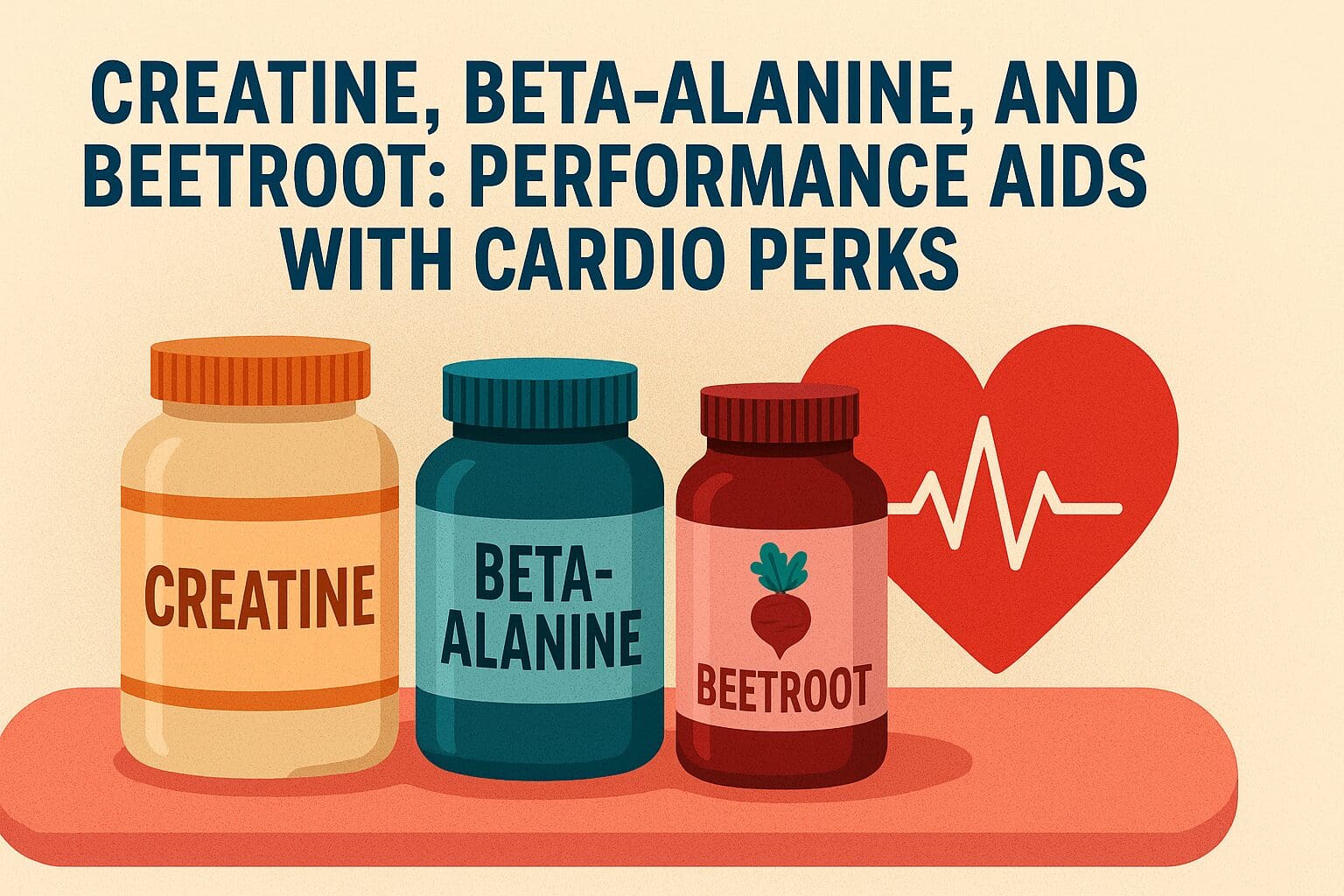 Three supplement bottles labeled Creatine, Beta-Alanine, and Beetroot with a red heart and ECG line in the background, symbolizing performance and cardiovascular health.