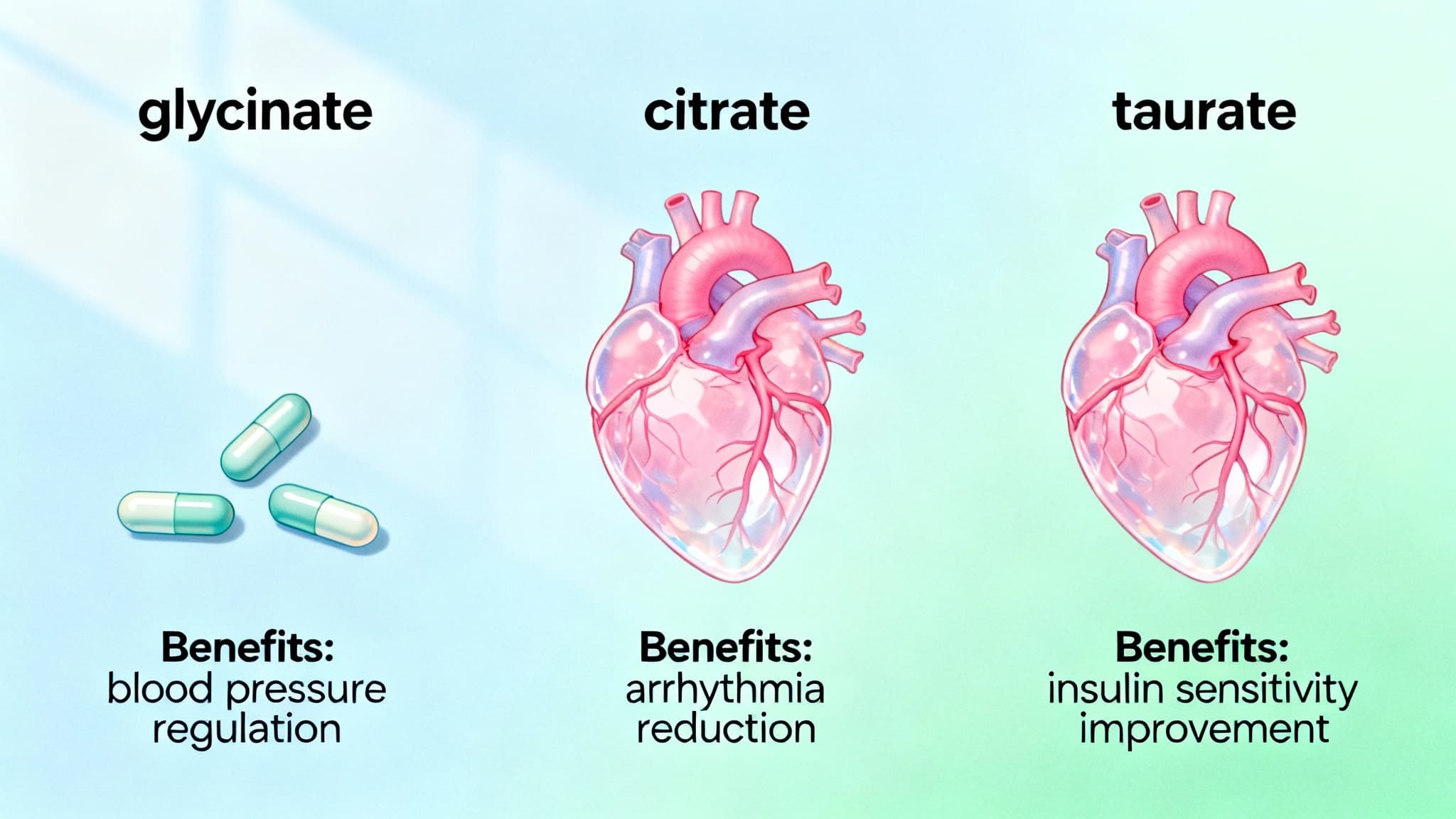 Illustration showing magnesium supplement forms (glycinate, citrate, taurate) next to heart-shaped blood vessels, representing benefits for blood pressure, arrhythmia, and insulin sensitivity