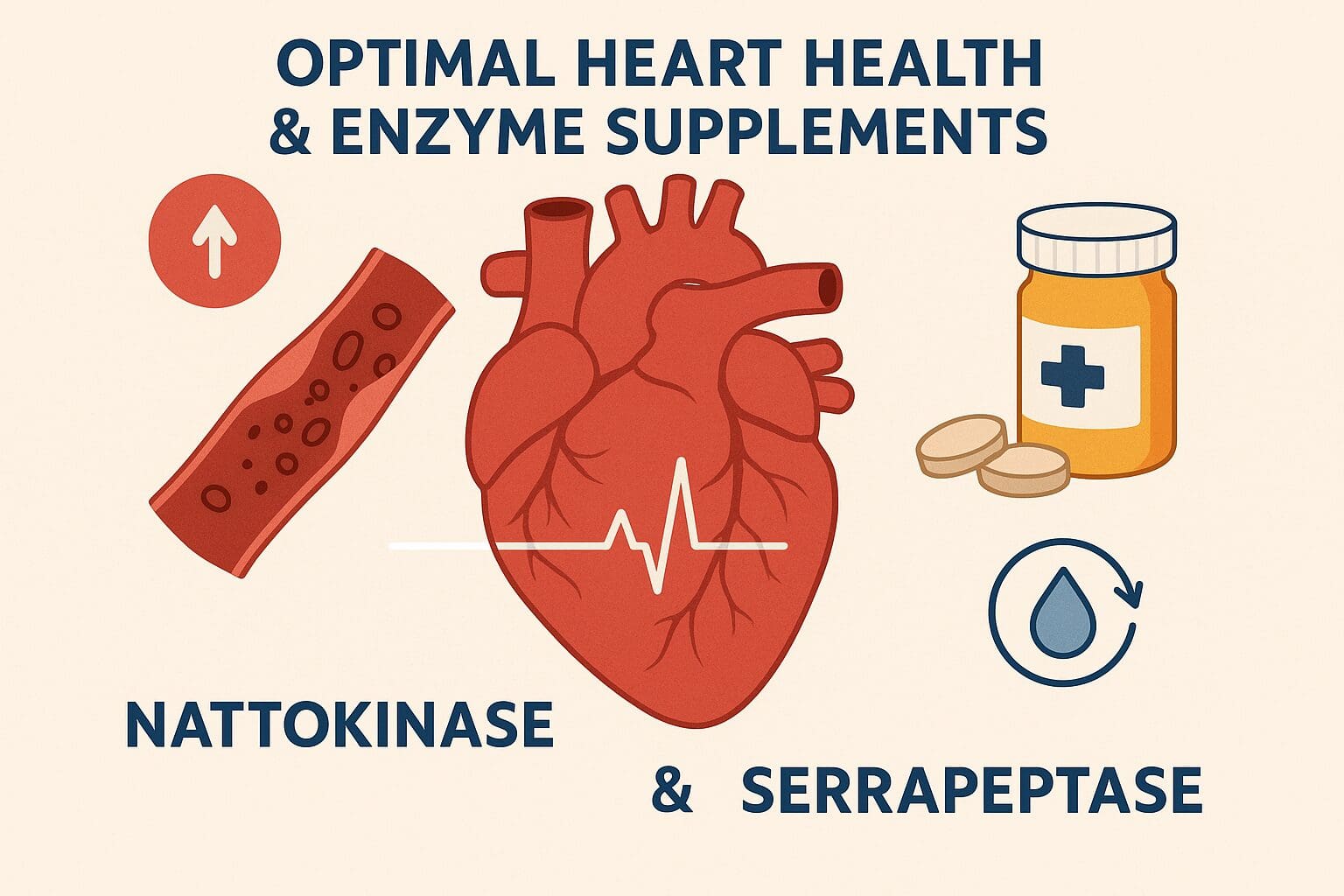 Illustration showing a red human heart with an ECG line, a healthy artery, enzyme capsules, and a supplement bottle labeled for nattokinase and serrapeptase.