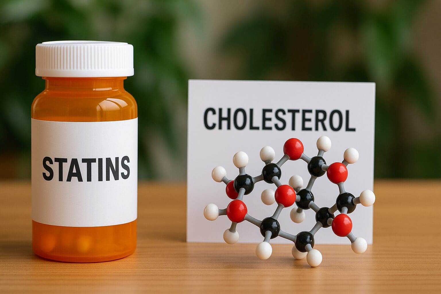 Orange prescription bottle labeled Statins beside a colorful 3D cholesterol molecule model on a wooden table, representing cholesterol management and heart health