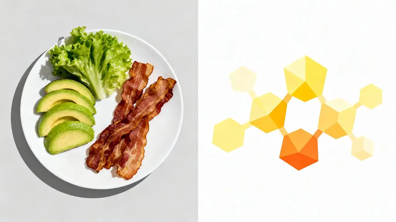 Keto diet foods and cholesterol molecules.