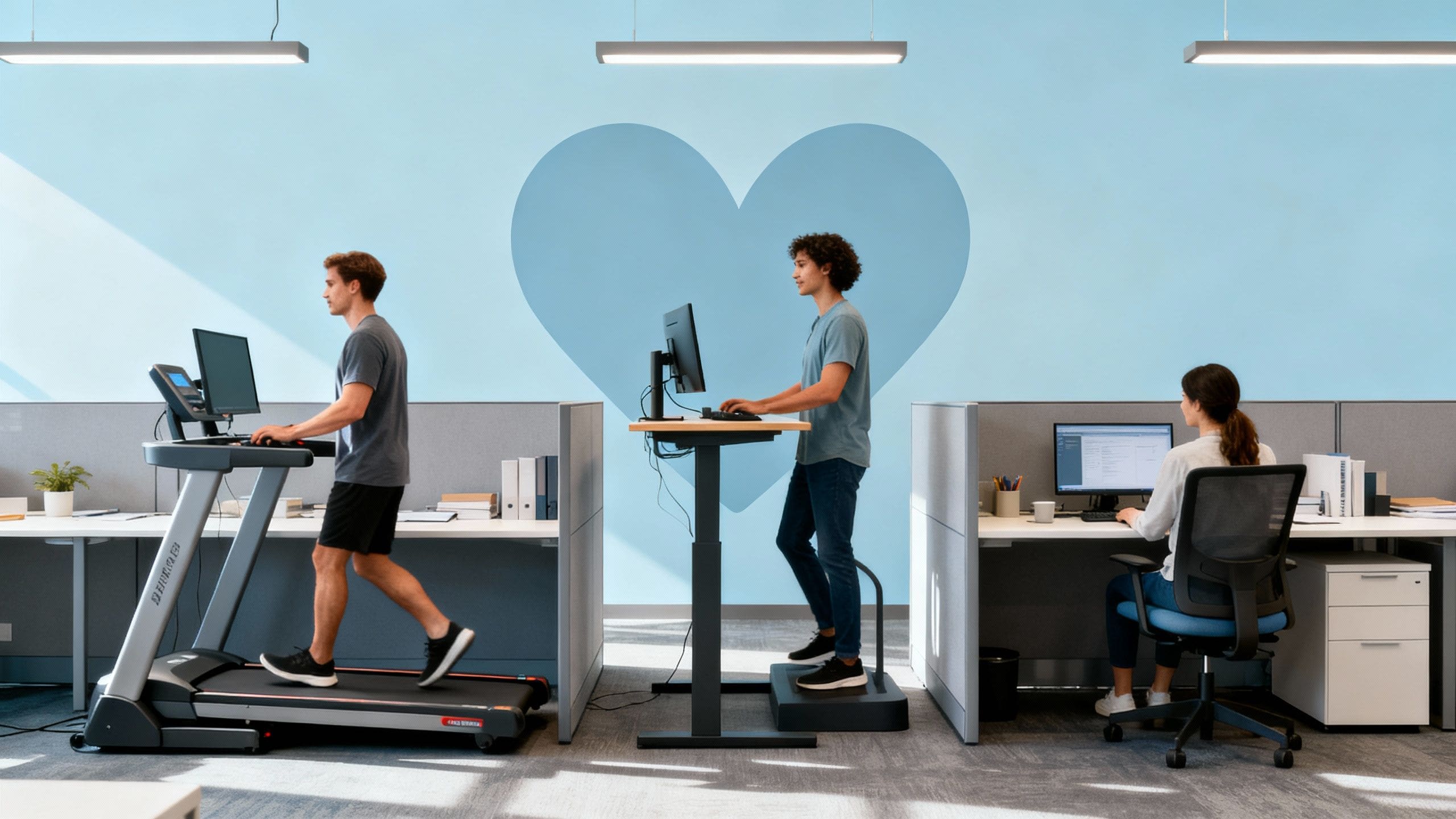 Treadmill, standing, and sitting desks with heart icon