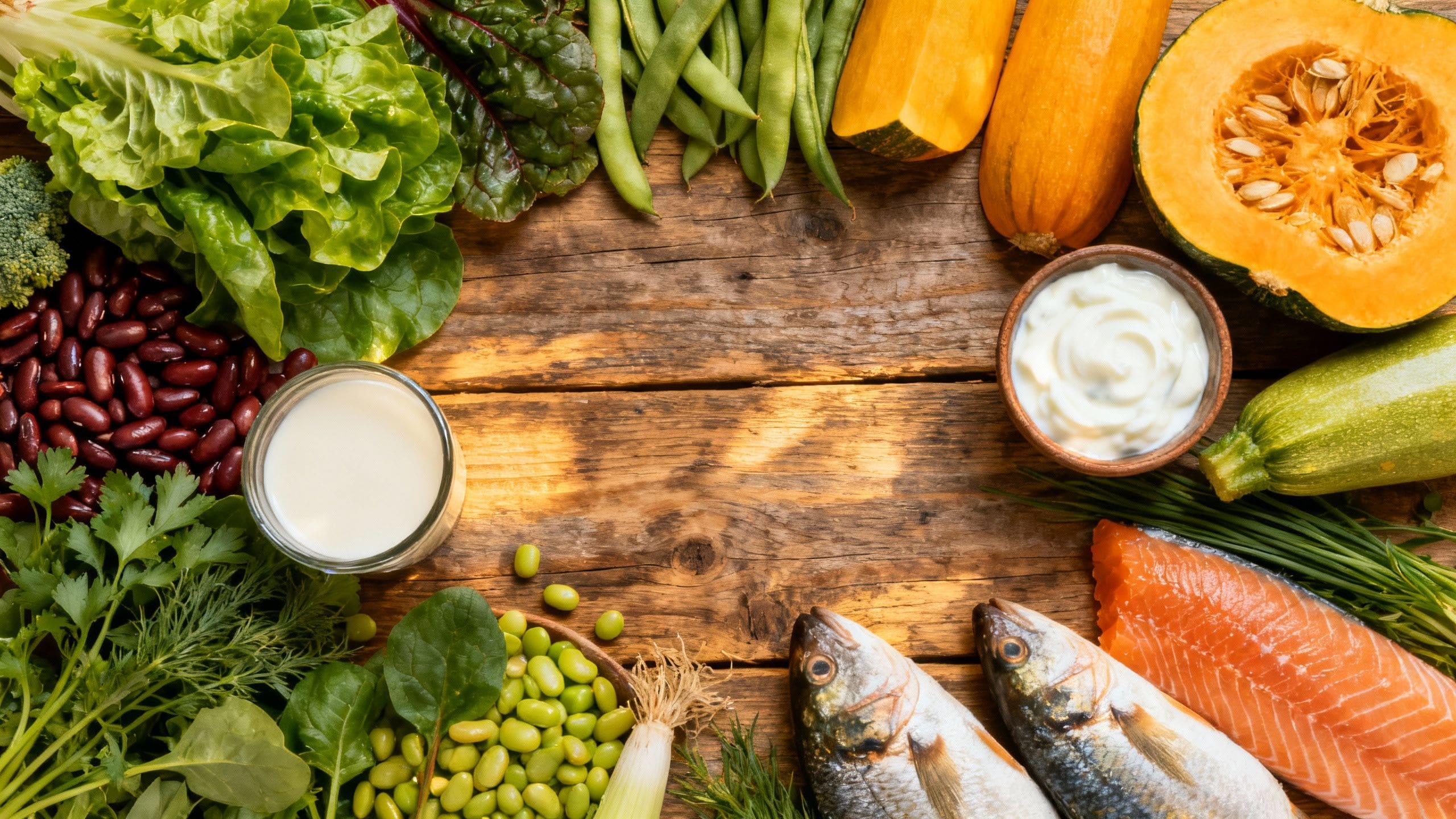 Leafy greens, beans, squash, yogurt, and fish on table.
