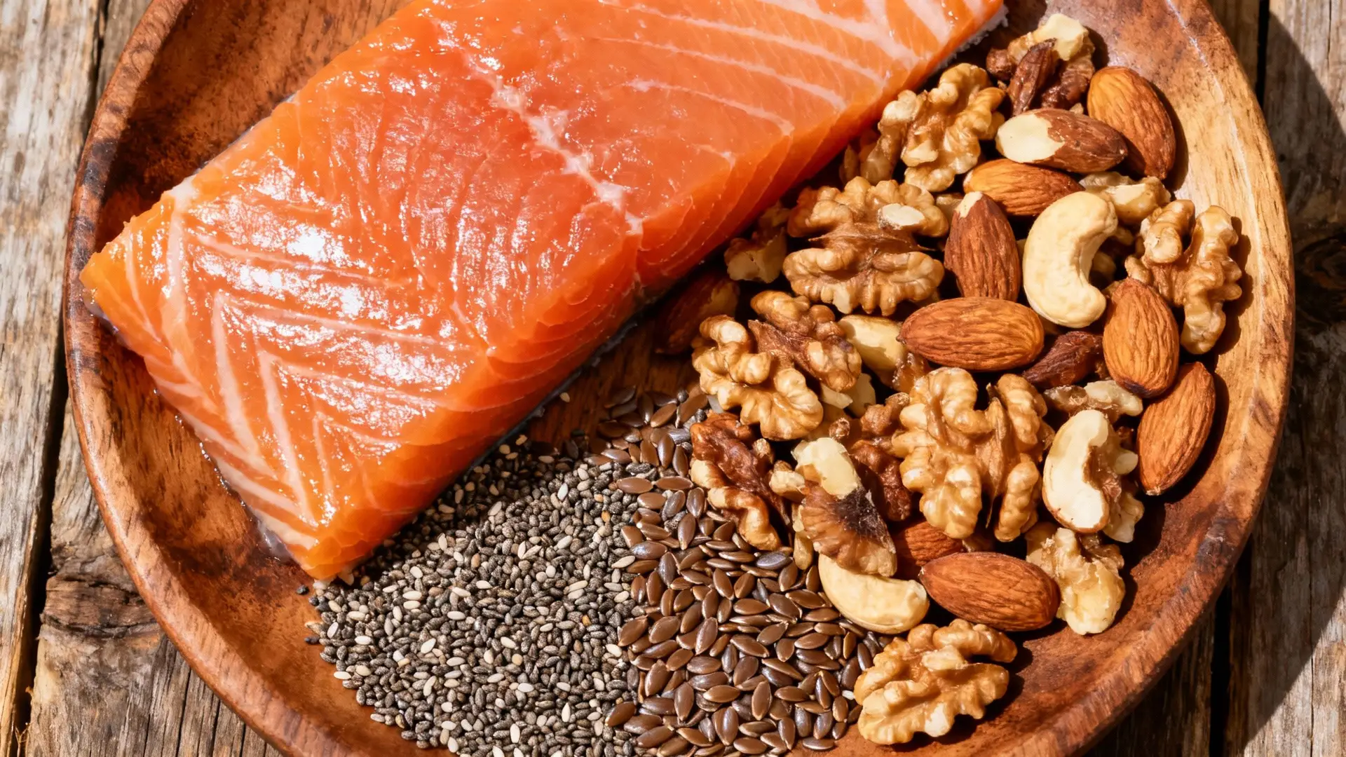 Oily fish, nuts, and seeds on a plate for heart health.