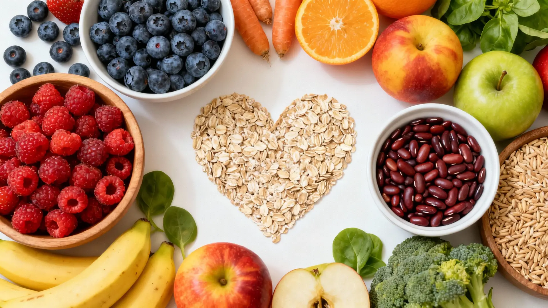 Fiber-rich foods and a heart symbol for heart health.