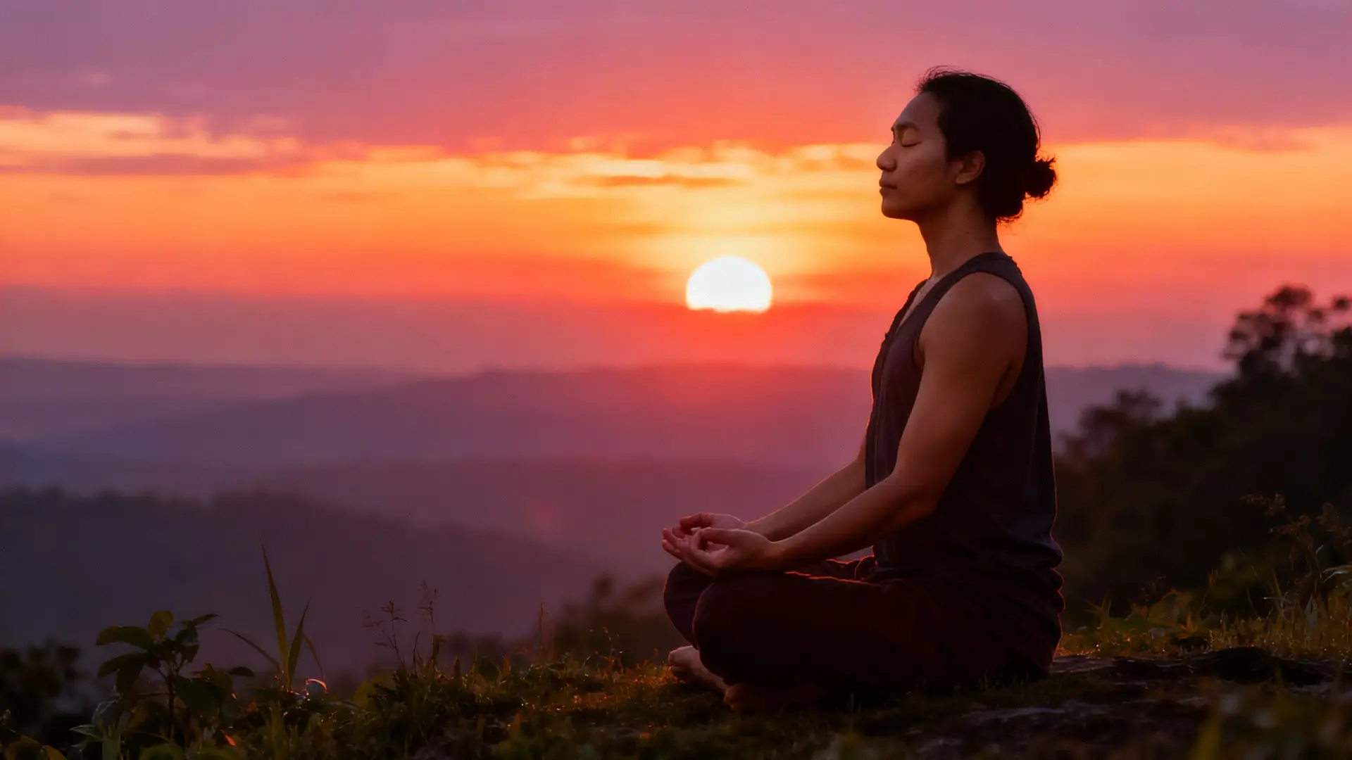 Person meditating peacefully at sunrise.