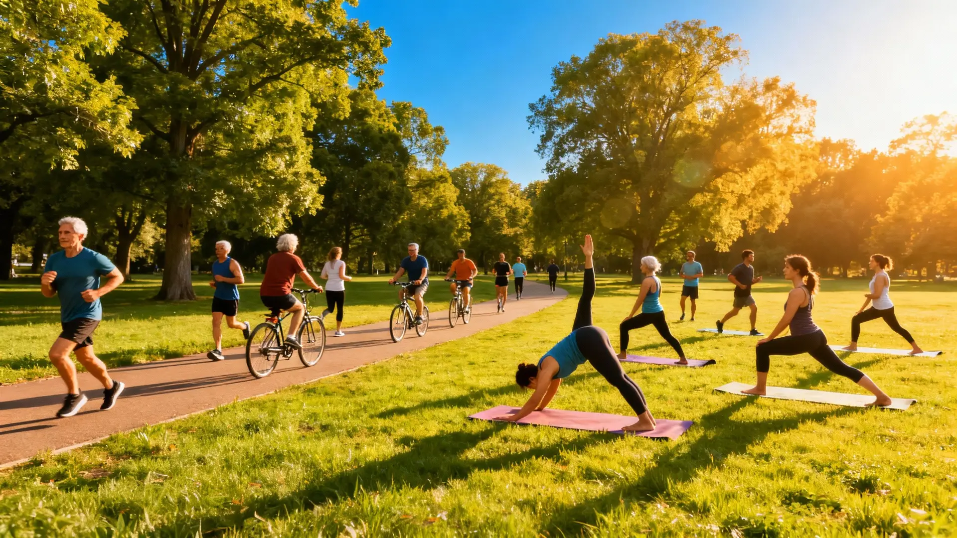 People exercising outdoors in a park for heart health.
