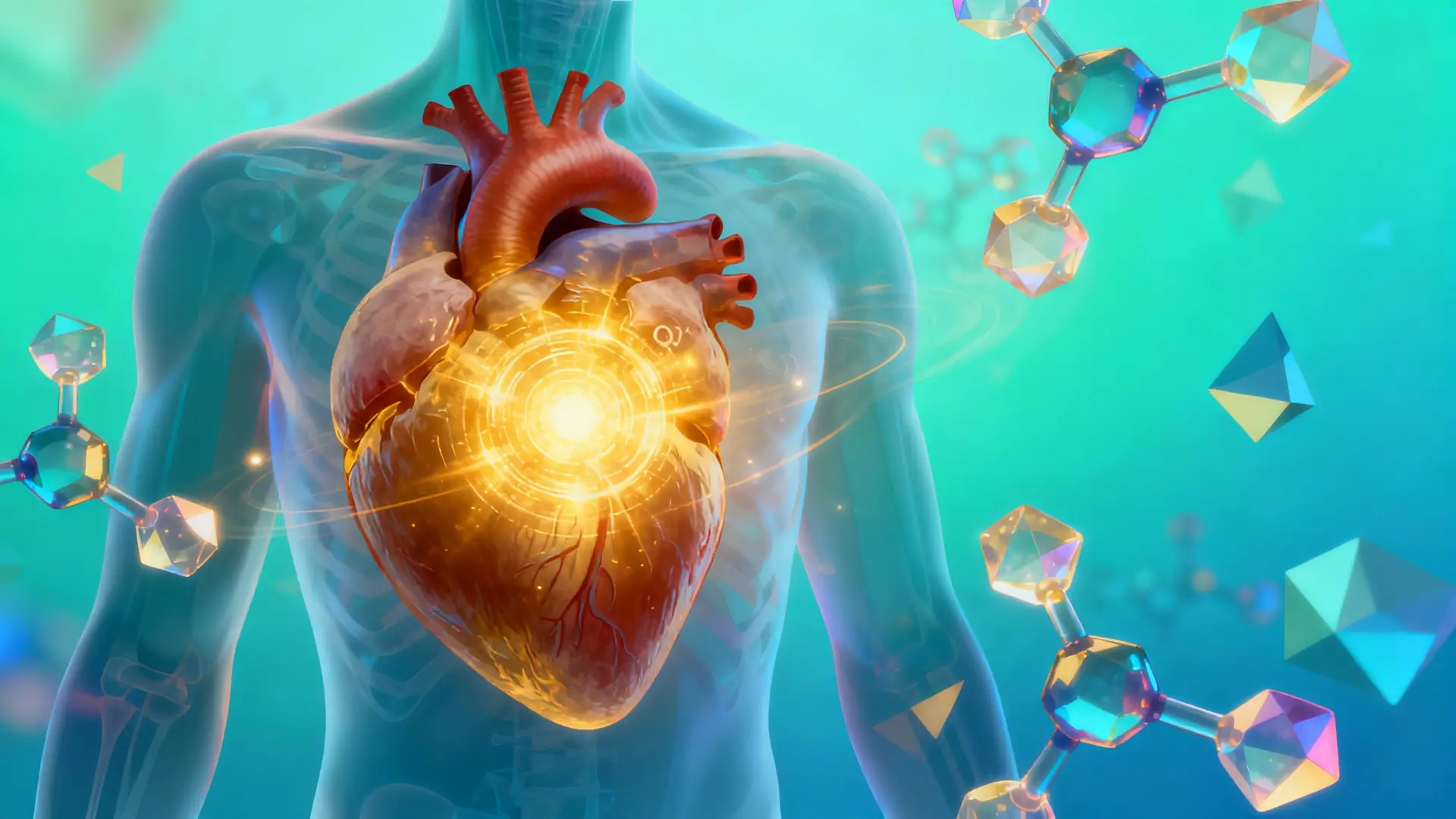 Human heart powered by CoQ10 molecules, symbolizing heart health.