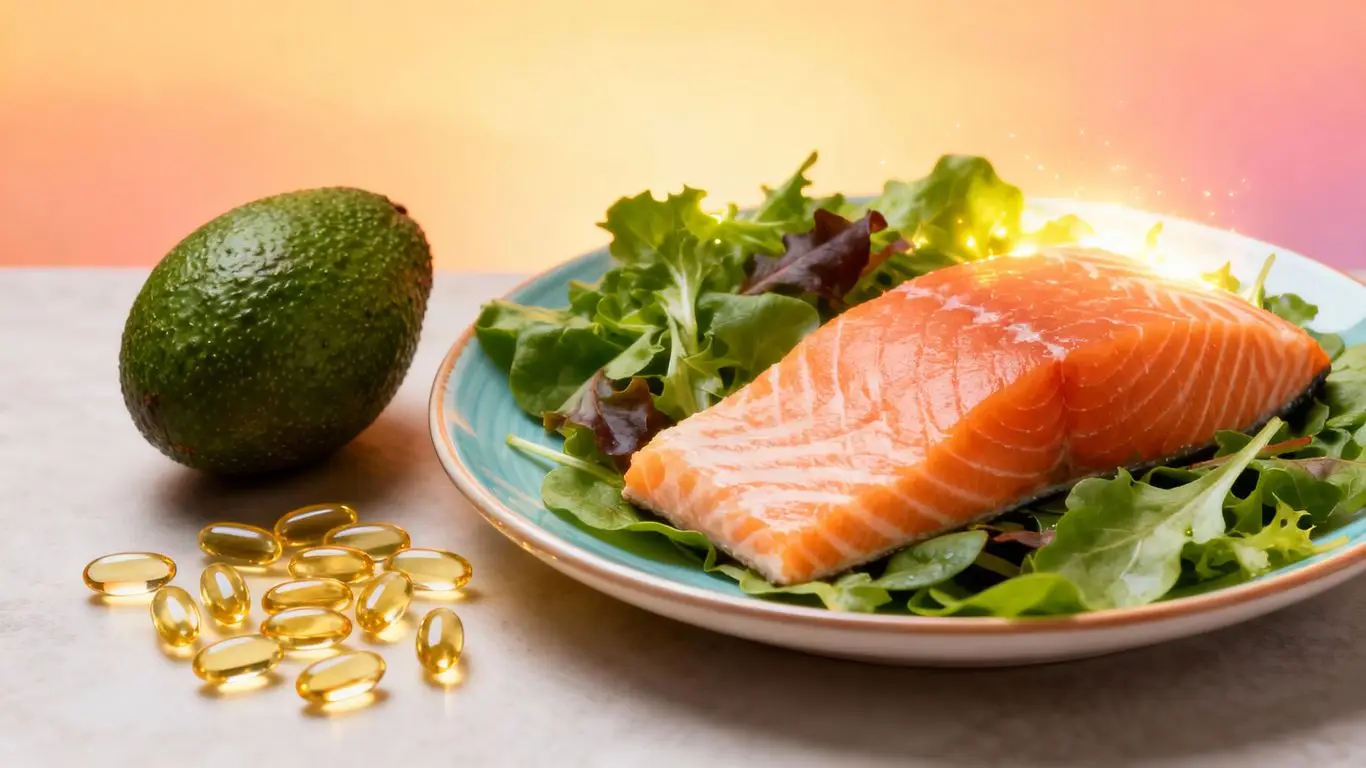 Salmon, greens, and omega-3 capsules for healthy aging.
