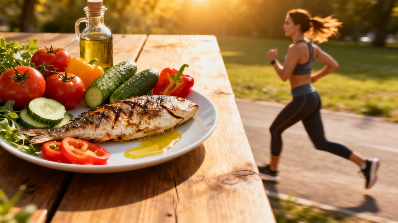 Healthy Mediterranean food and person exercising outdoors.