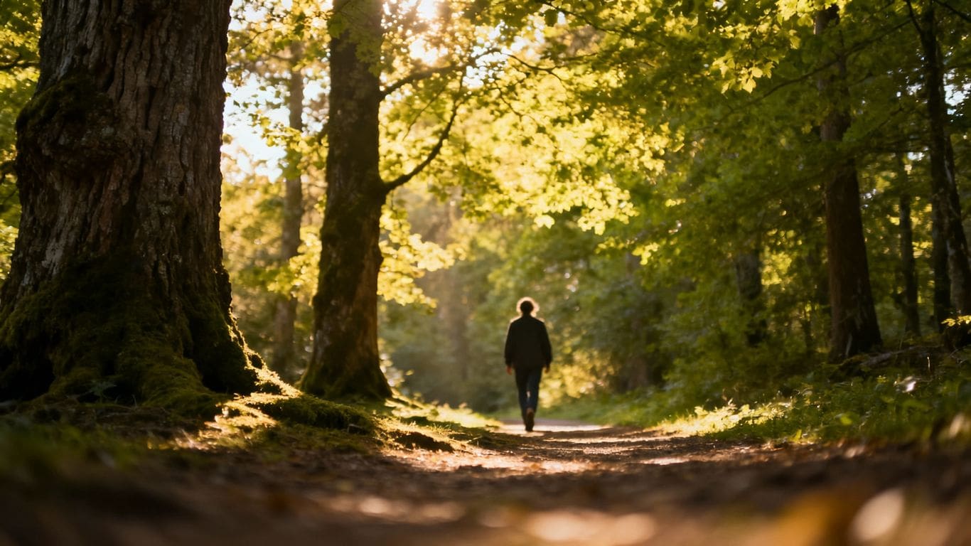 Person walking on a serene forest path.