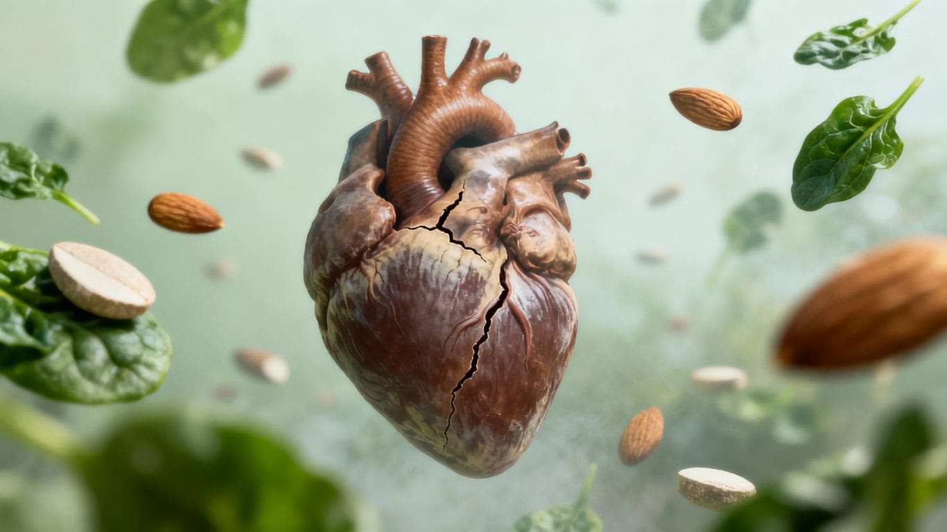 Heart with subtle crack, surrounded by distant magnesium foods.