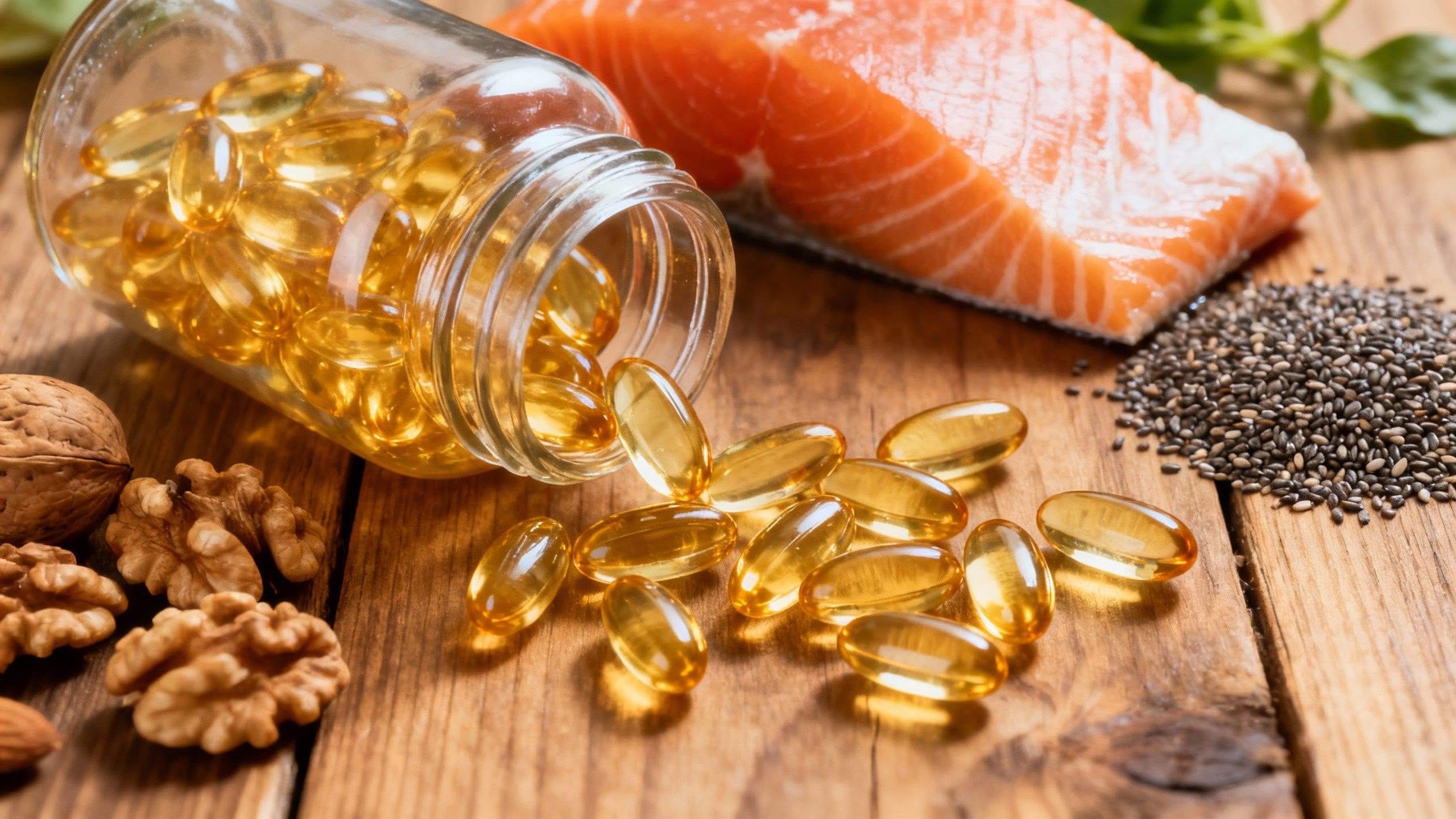 Omega-3 capsules with salmon, walnuts, and chia seeds