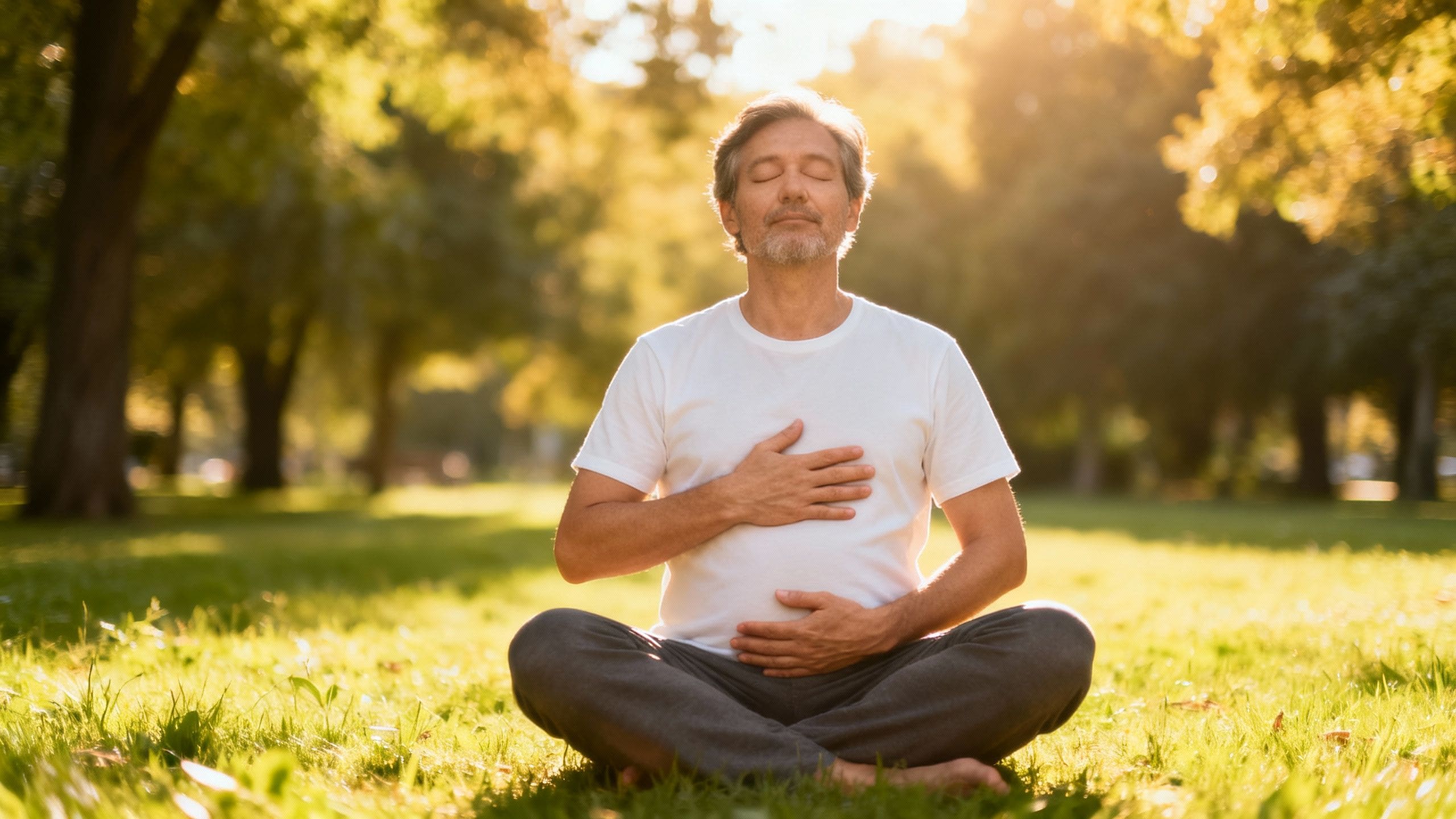 Person practicing deep breathing in a peaceful park setting.