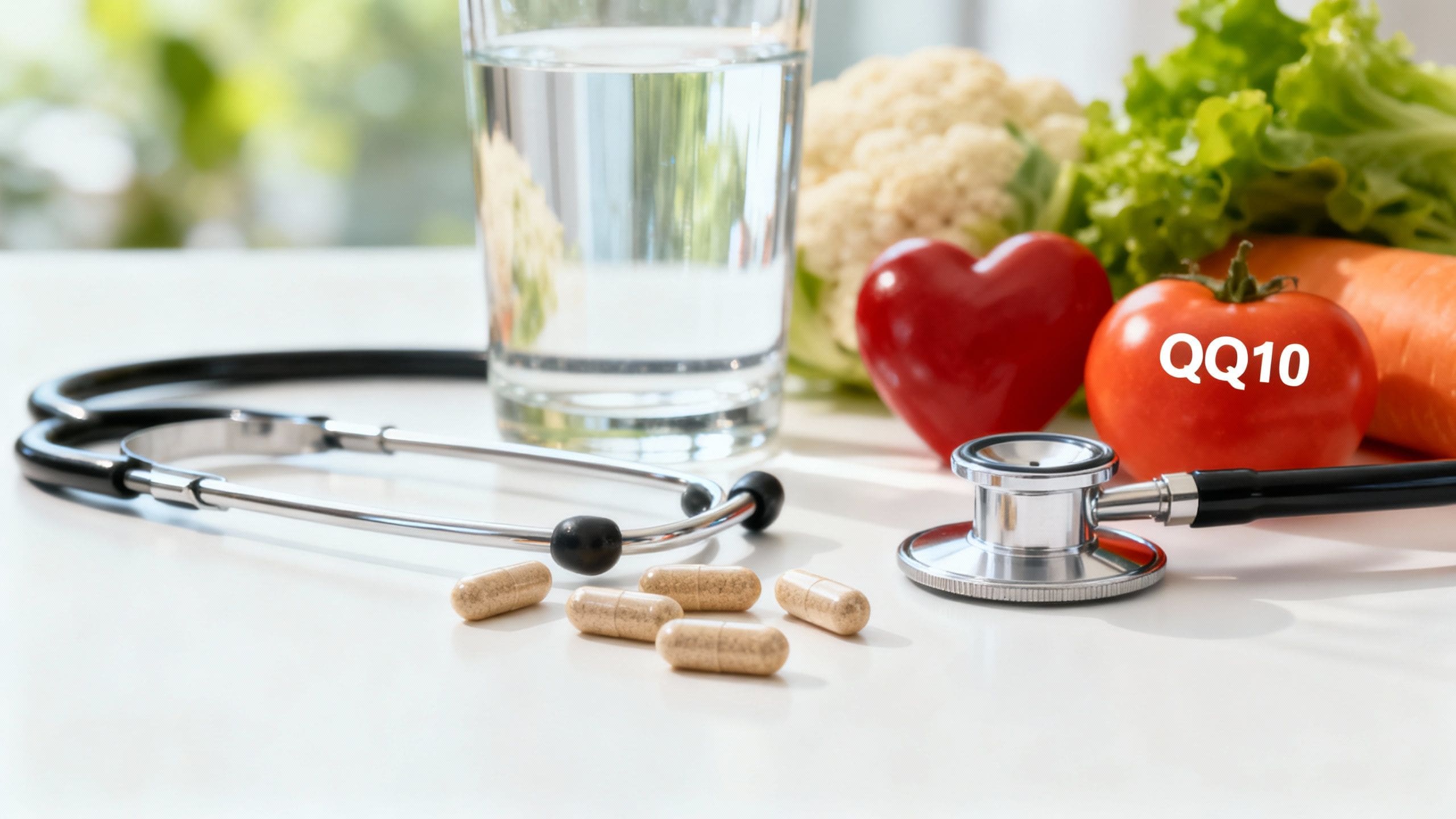 CoQ10 capsules, stethoscope, vegetables, and water on table.