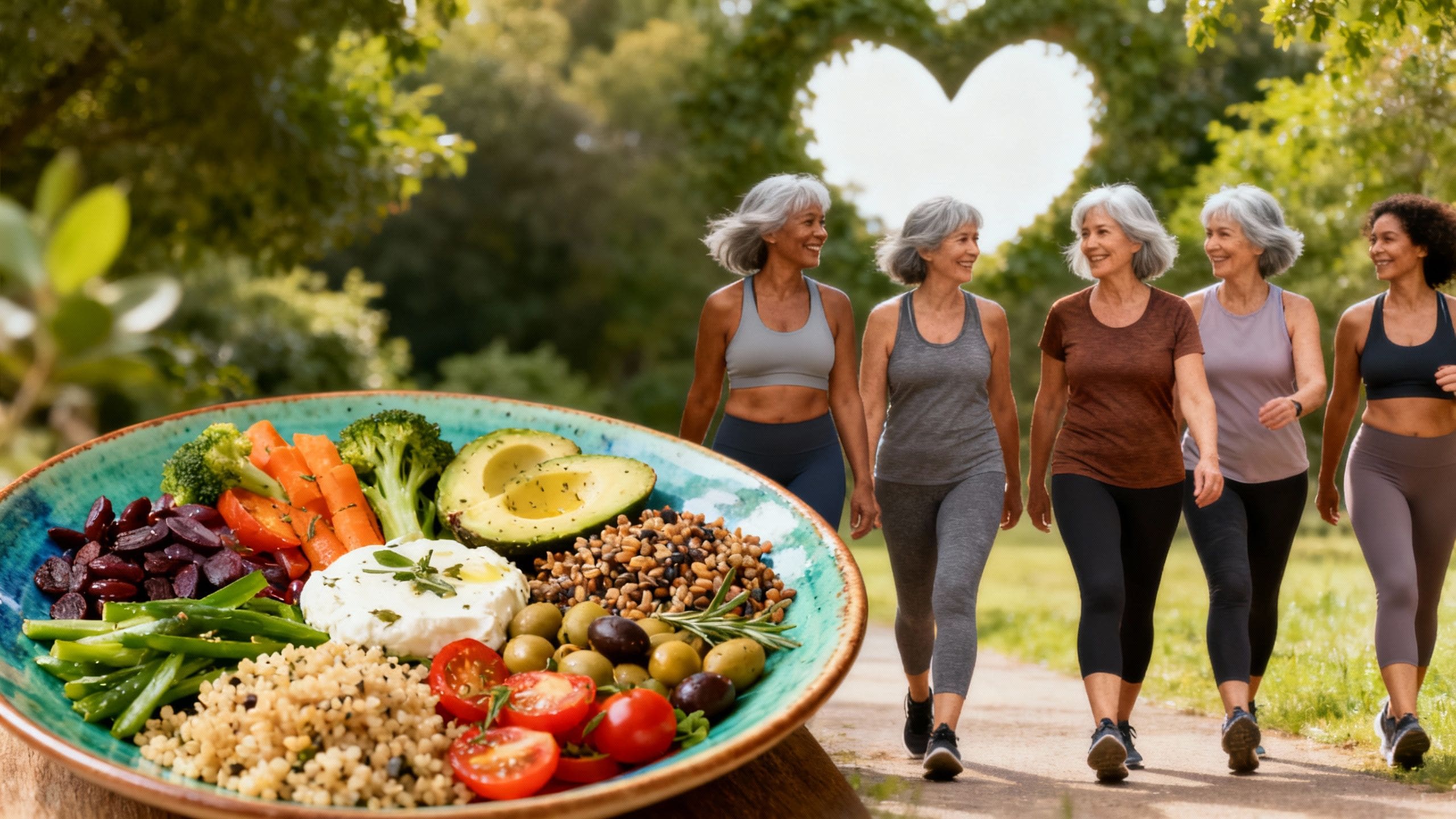 Women over 40 walking outdoors with heart-healthy foods.