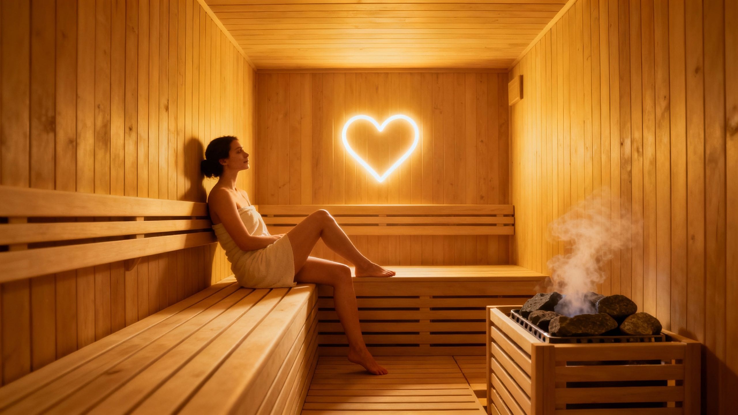Person relaxing in sauna with heart health theme