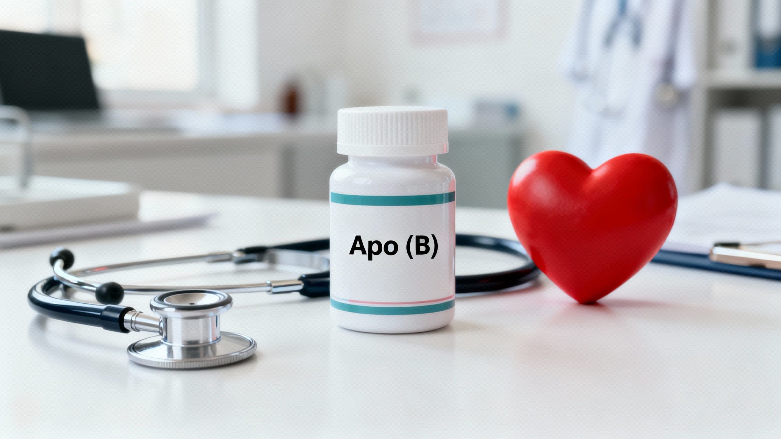 ApoB supplement bottle with heart health symbols nearby