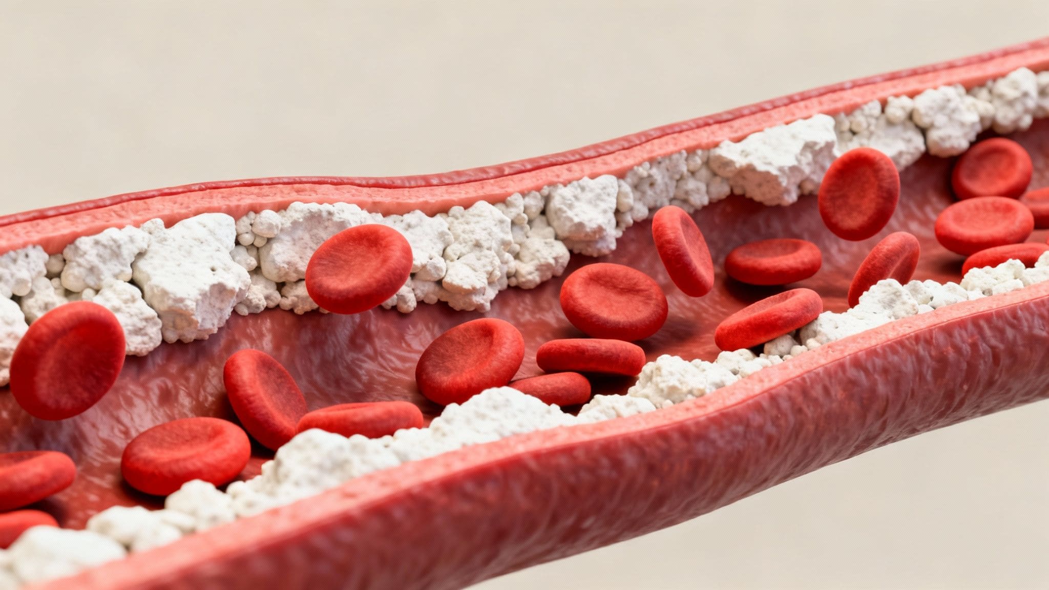 Coronary artery with blood flow and calcium deposits
