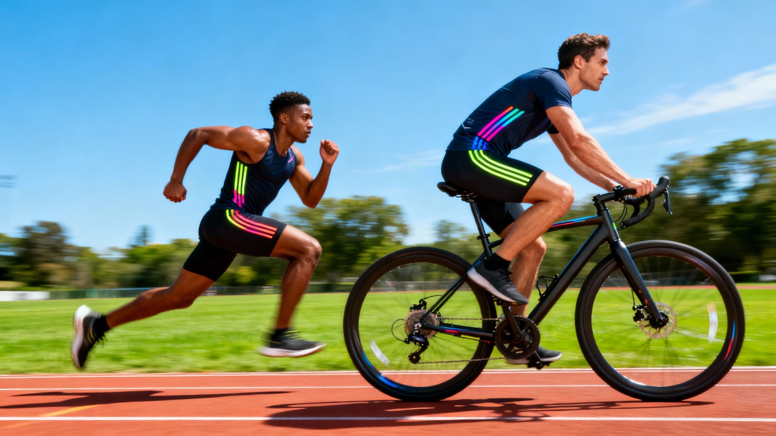 Person sprinting and another on exercise bike outdoors