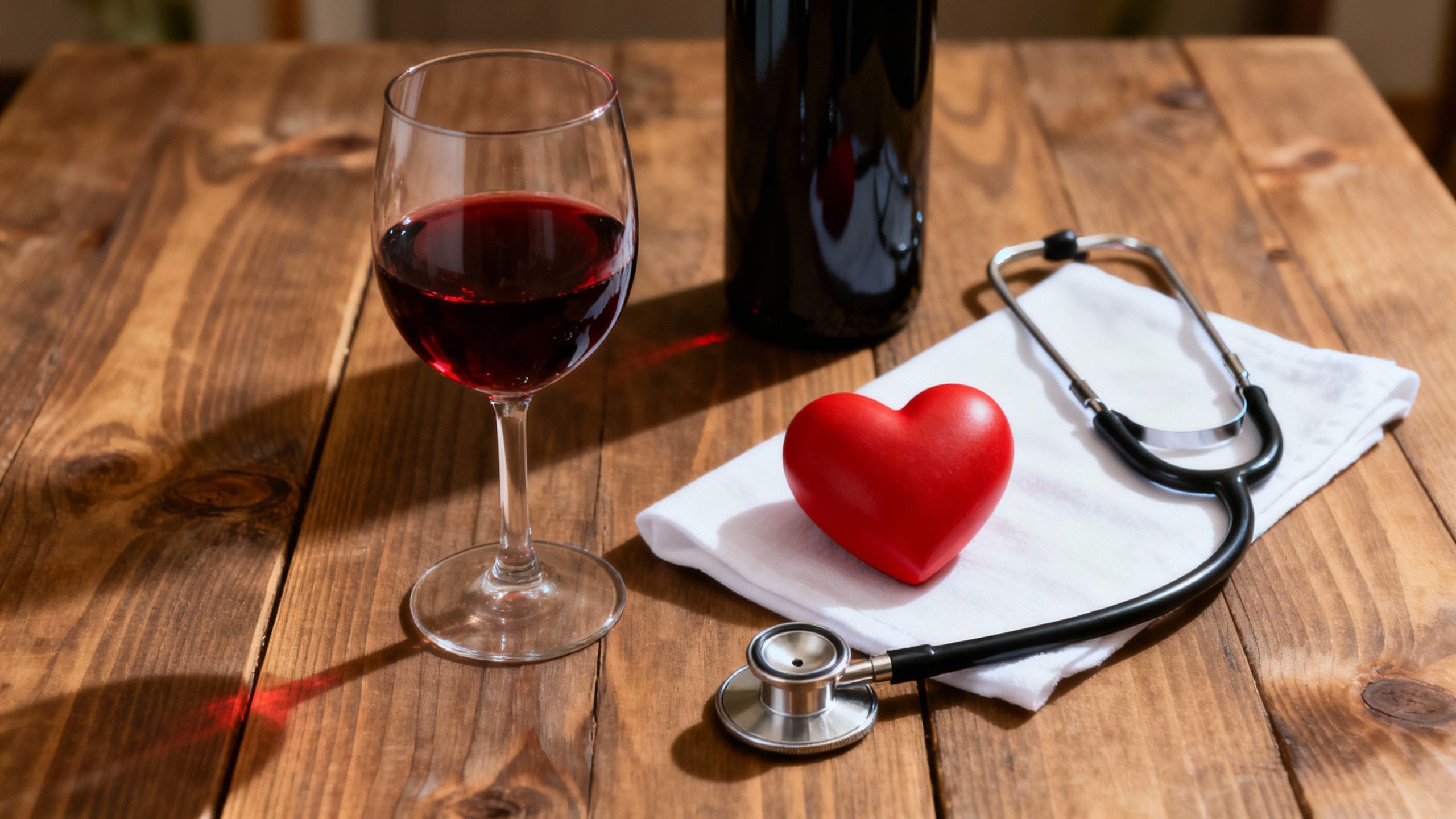 Wine glass, heart symbol, and stethoscope on table