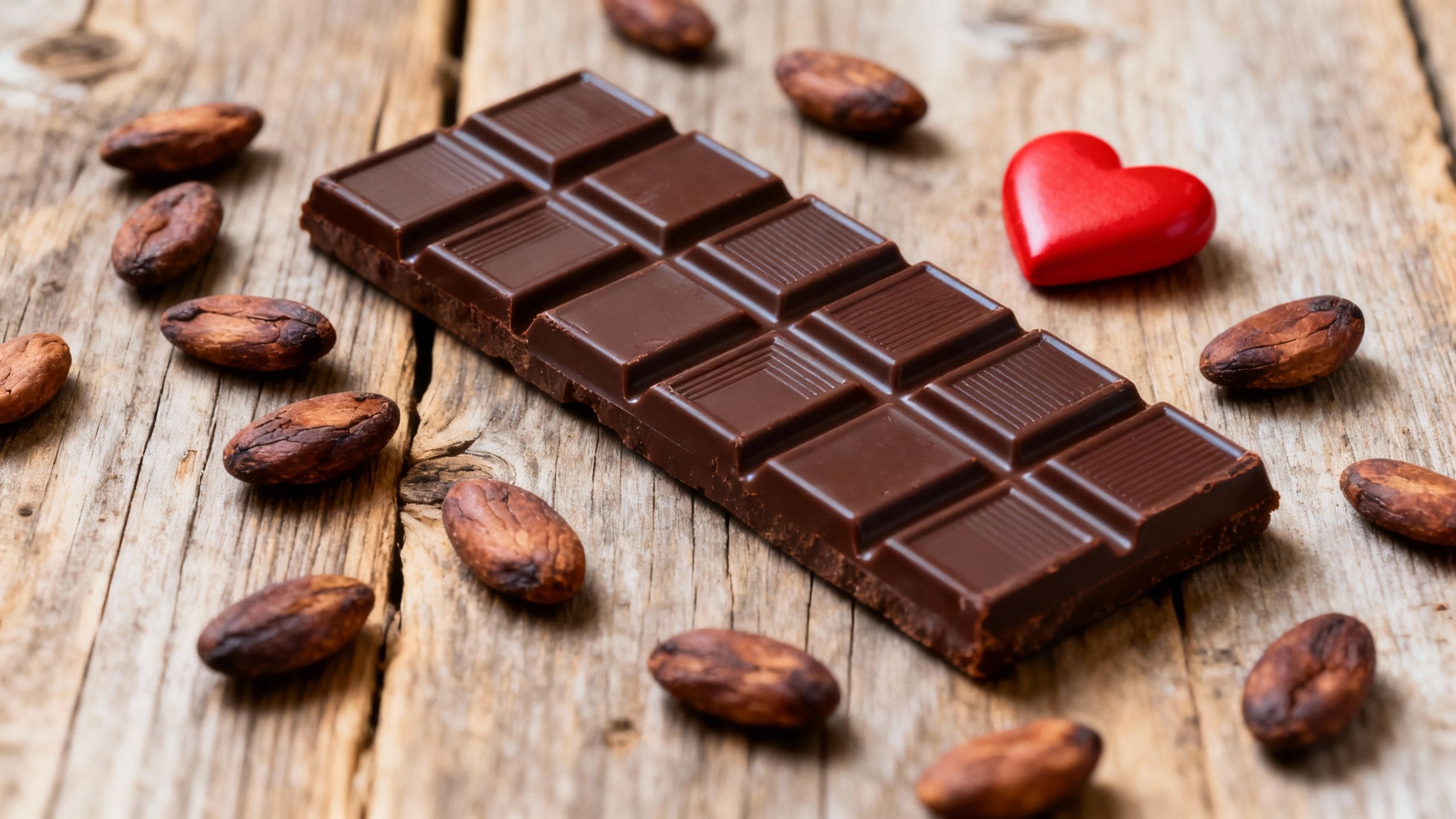 Dark chocolate squares with cacao beans and a red heart.