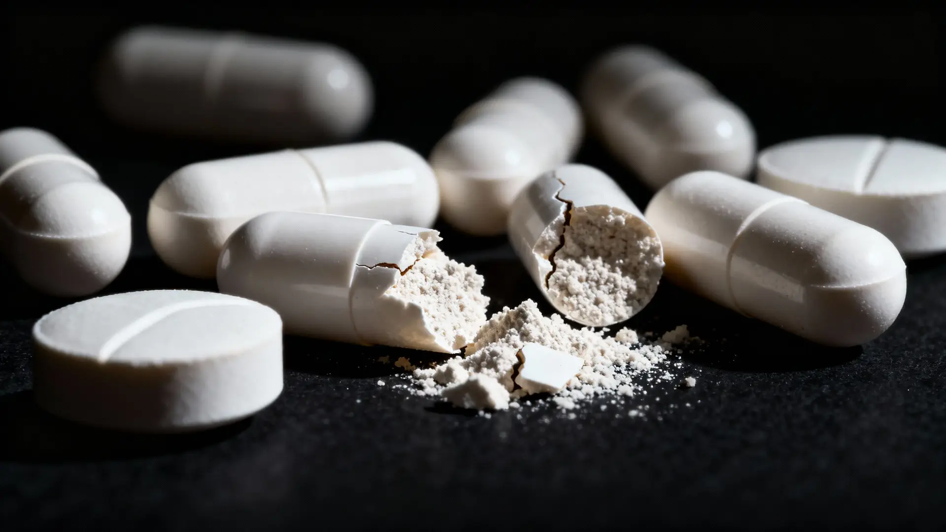 Niacin supplement pills scattered on a dark surface.