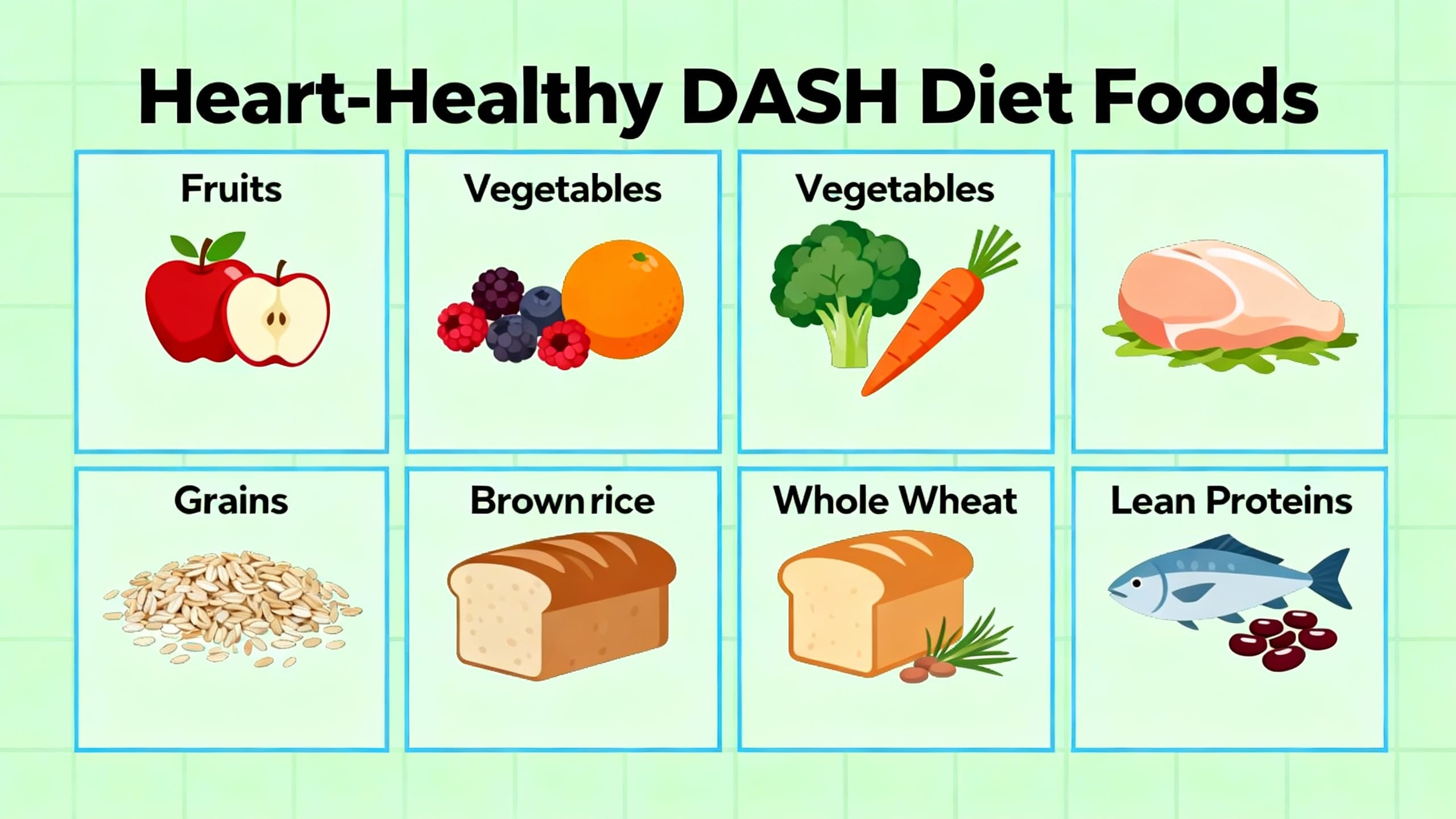 Heart-healthy DASH diet foods including fruits, vegetables, grains, and lean proteins for optimal heart benefits