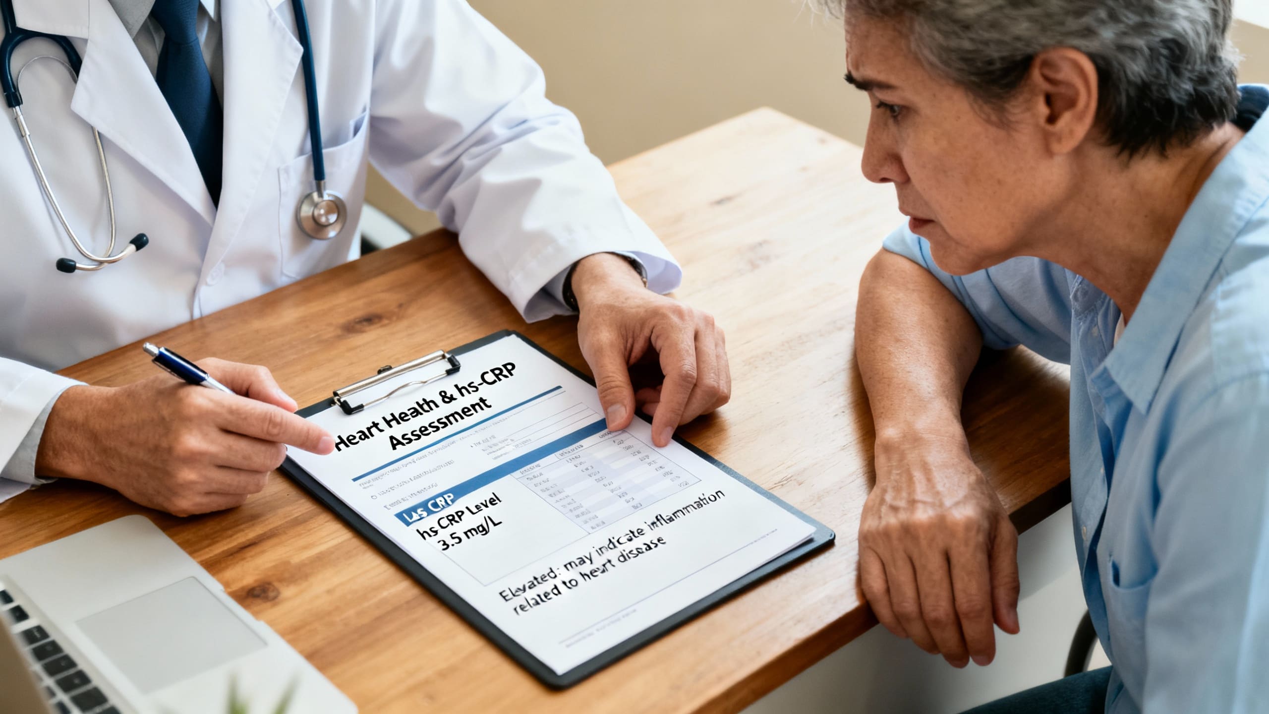 Doctor reviewing lab results with patient, discussing implications for heart health and hs-CRP levels