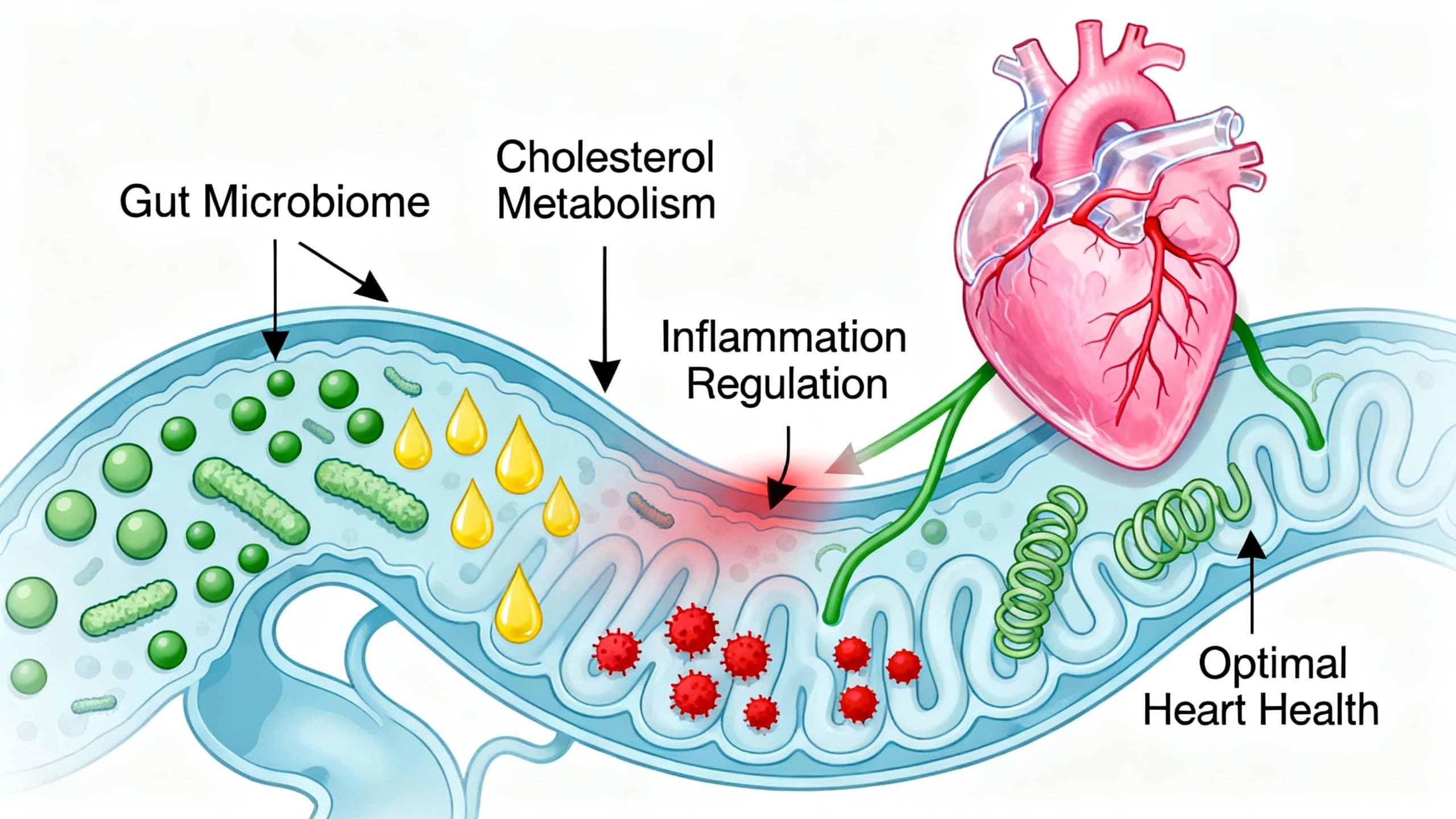 Illustration of gut microbiome balancing cholesterol and inflammation for optimal heart health