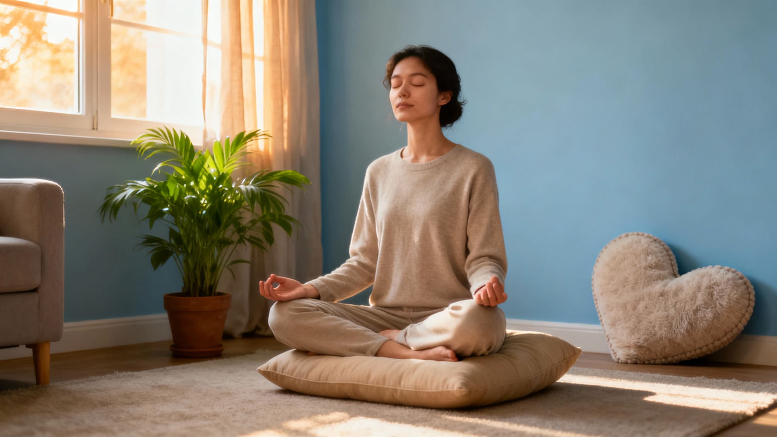 Person practicing box breathing and physiological sigh in a peaceful home environment, supporting heart health and optimal heart outcomes