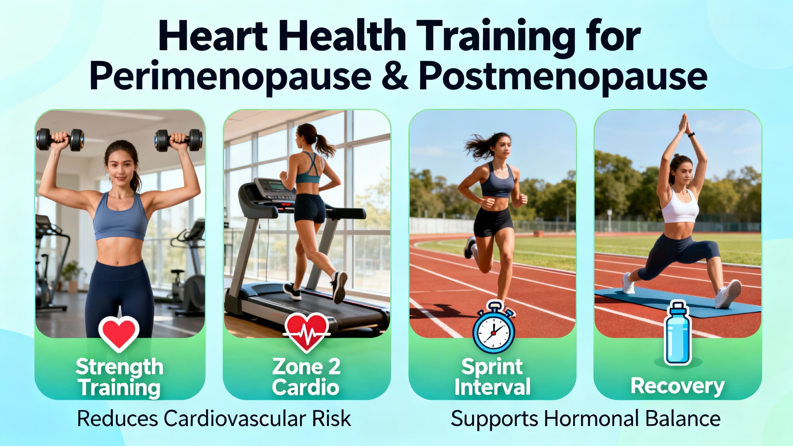 Women training in various phases: strength, Zone 2 cardio, sprint, and recovery, highlighting heart health benefits for perimenopause and postmenopause