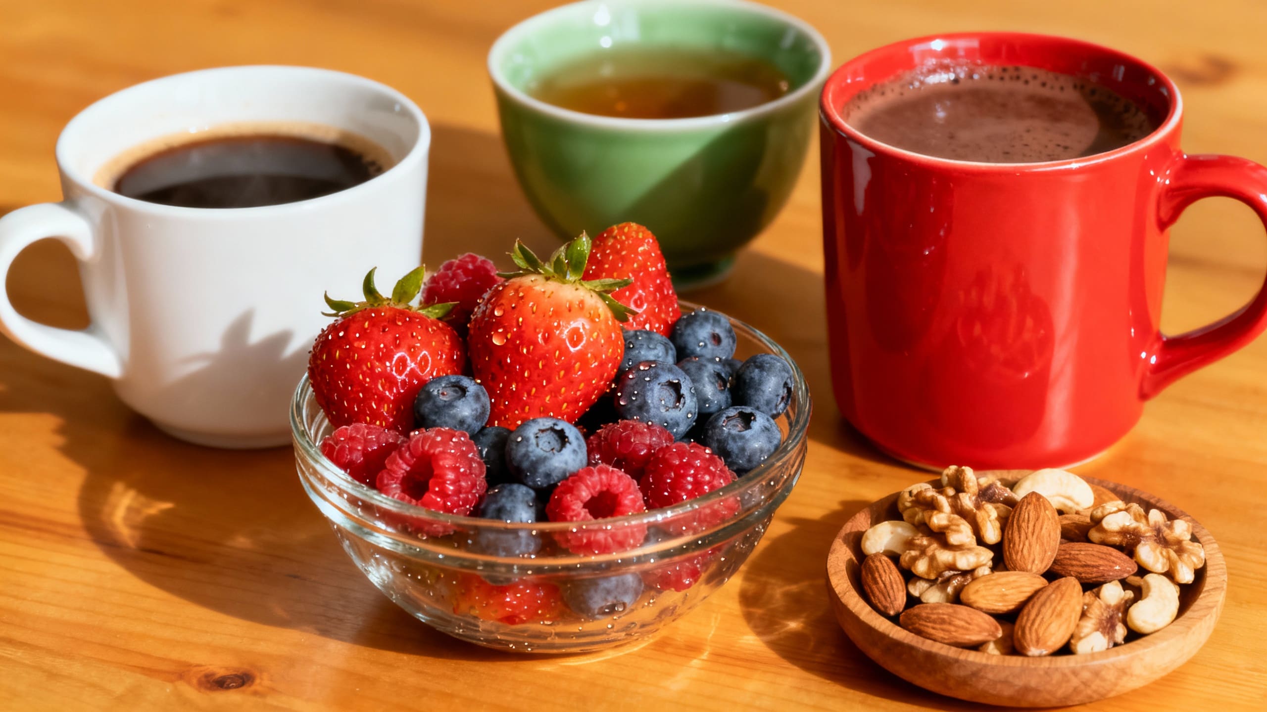 A heart-healthy breakfast table setting featuring a cup of coffee, green tea, and a mug of cocoa, with fresh berries and nuts, highlighting heart health polyphenols