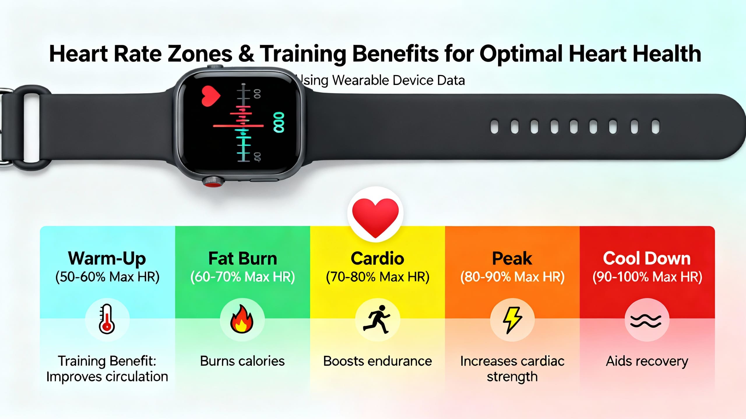 Infographic of heart rate zones and training benefits for optimal heart health using a wearable device
