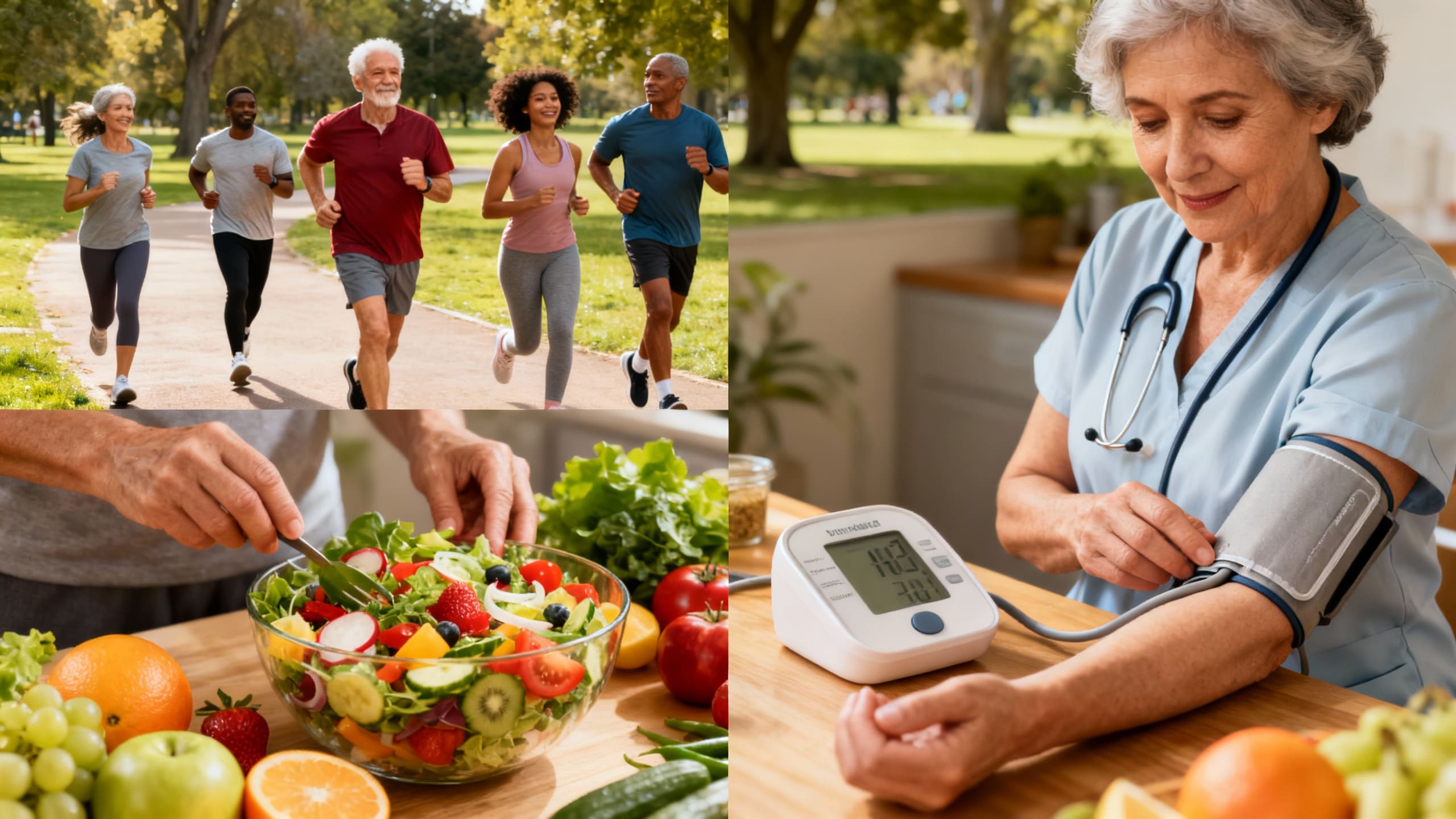 A diverse group of adults engaging in heart-healthy activities like exercise, eating nutritious food, and checking blood pressure for optimal heart health