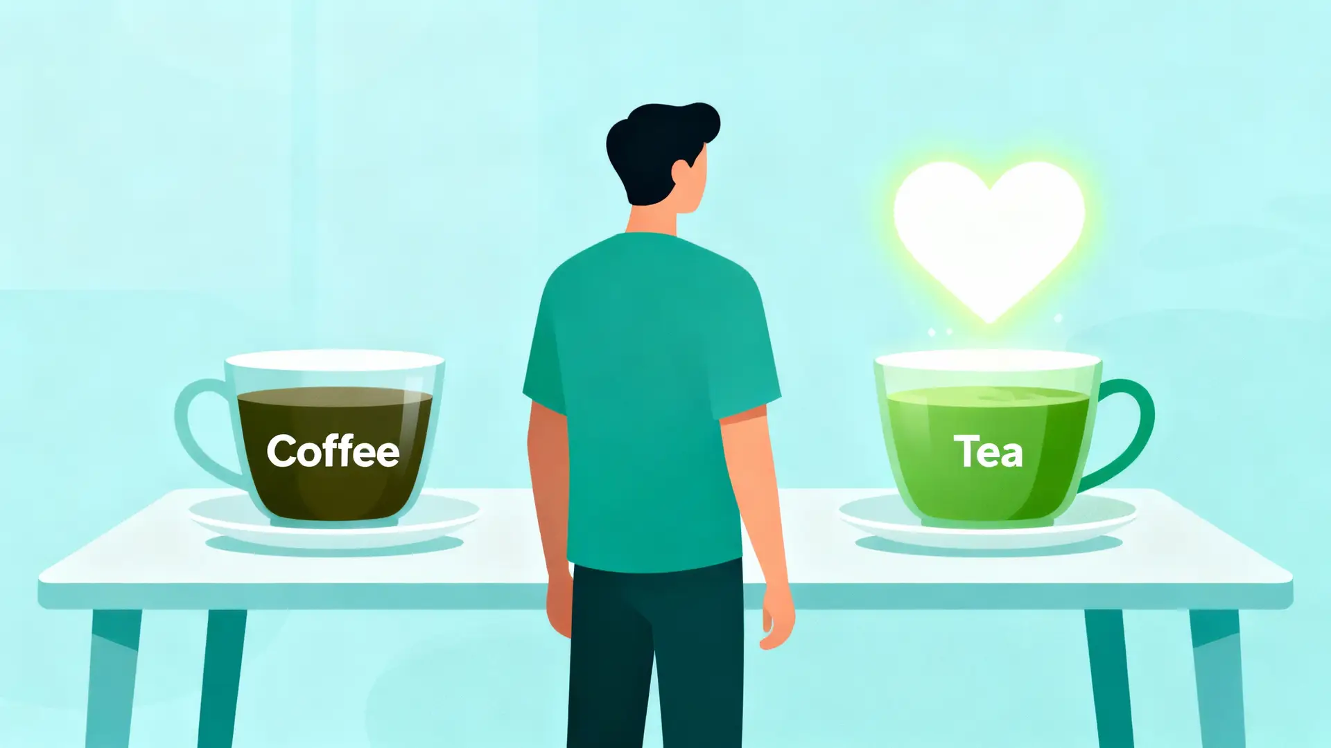 Person choosing between coffee and tea for heart health, with a heart-shaped symbol highlighting healthy choices